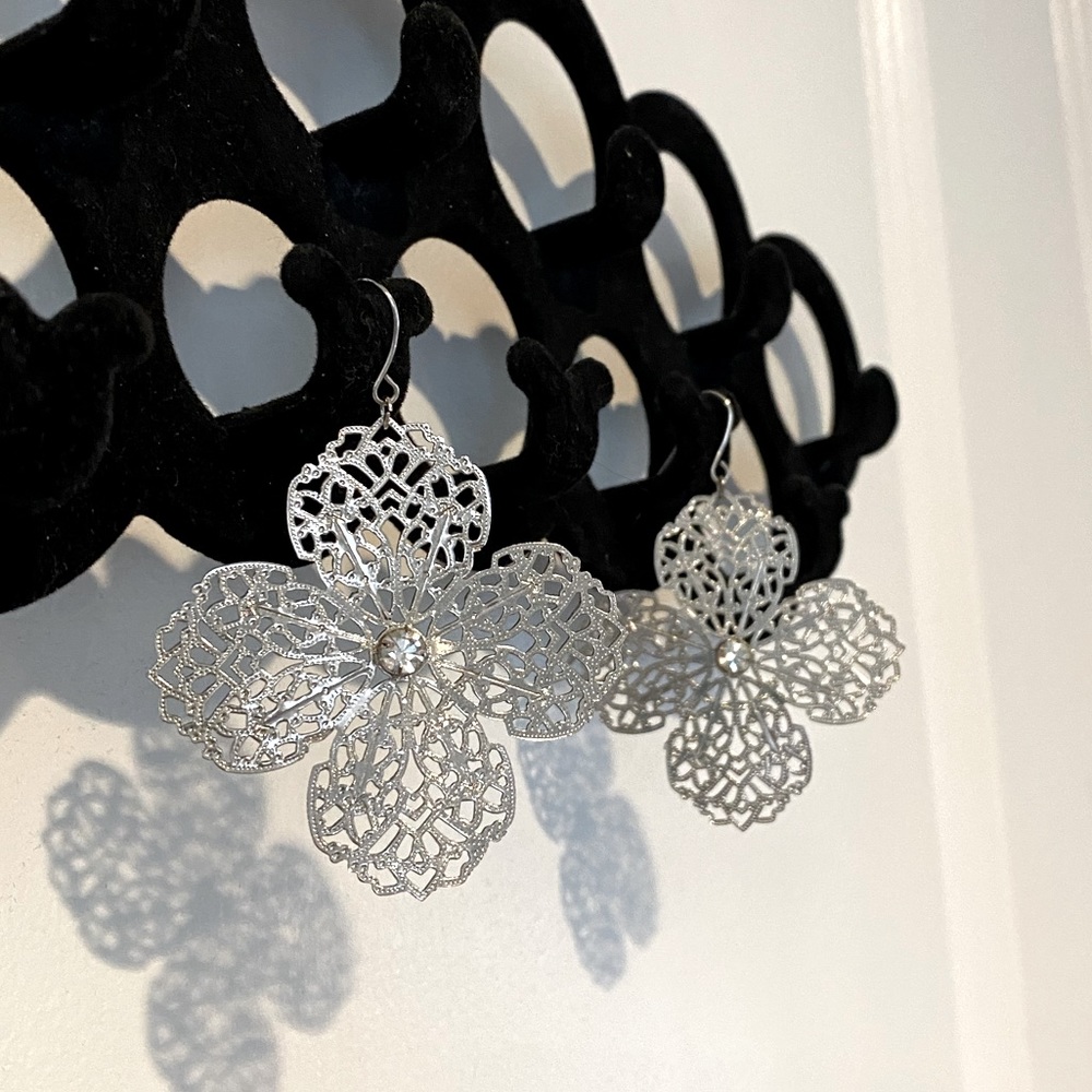 Silver Plated Rhinestone Flower Dangle Earrings NEW